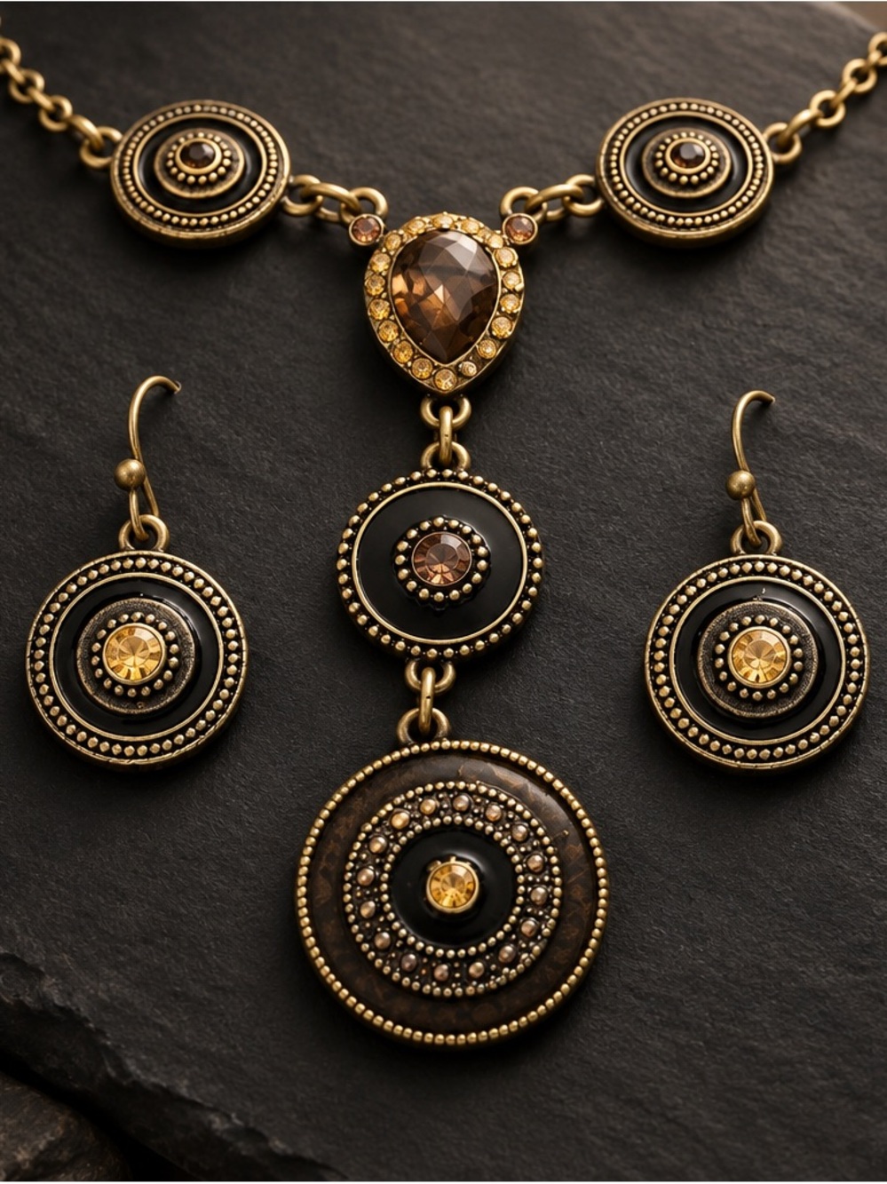 Avon Gold-Tone Necklace and Earrings with Brown and Amber Accents